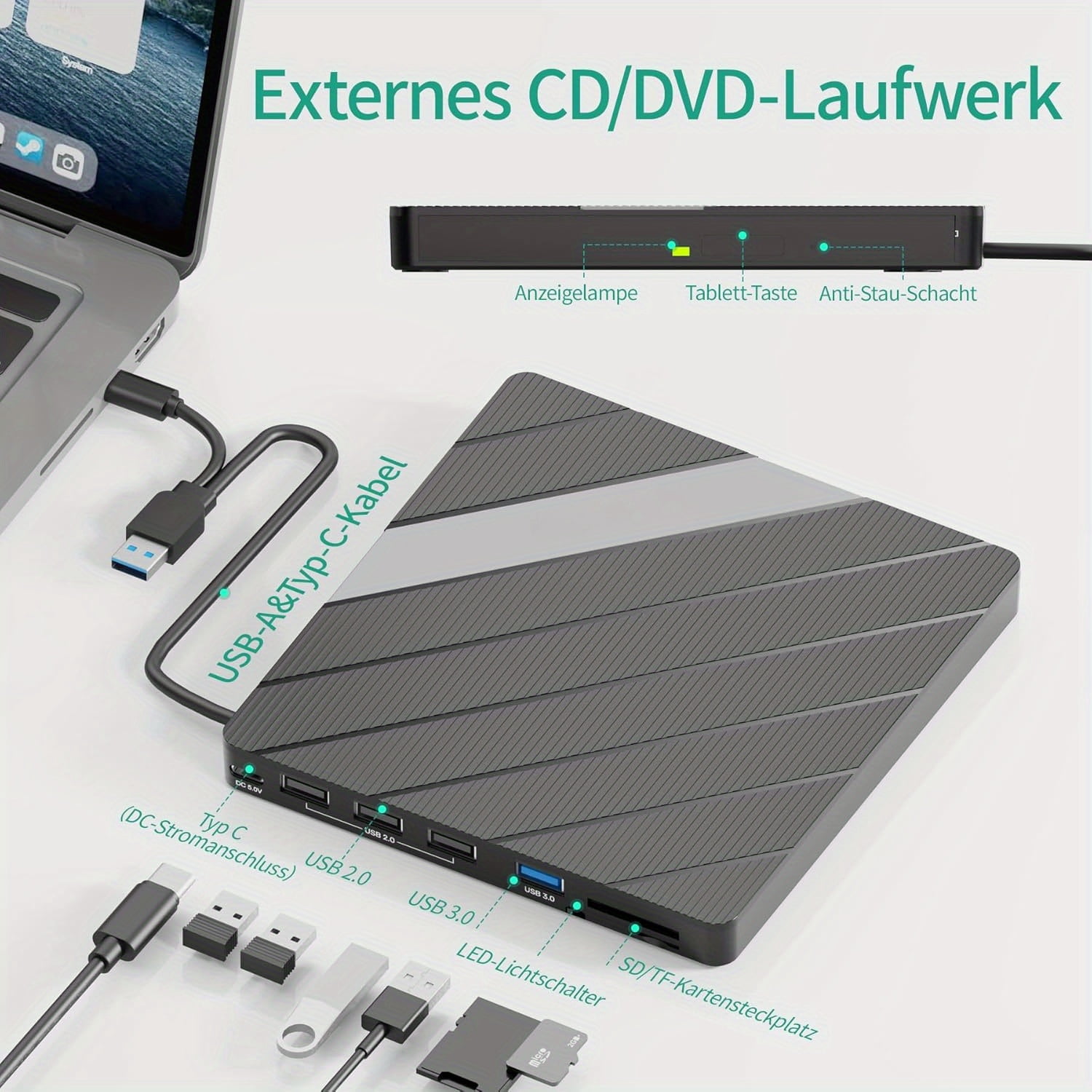 External CD DVD Drive for Laptop, Portable CD/ DVD +/ -RW Burner DVD Player for Laptop 7 in 1 USB 3.0 USB C Hub with SD/ Micro SD Card Reader Compatible with Laptop Desktop Mac PC Windows Linux