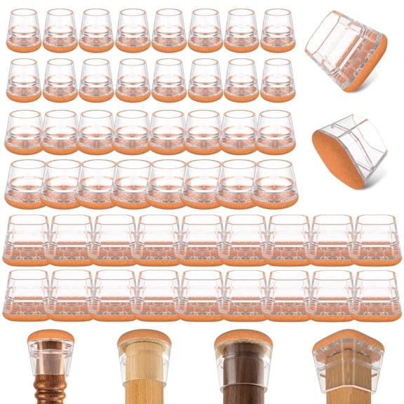 64pcs Chair Leg Floor Protectors for Hardwood Floors,Clear Silicone Chair Leg Caps with Thickened Felt Pads,Furniture Cups Covers for Round and Square Chairs Legs,Noise Reducing
