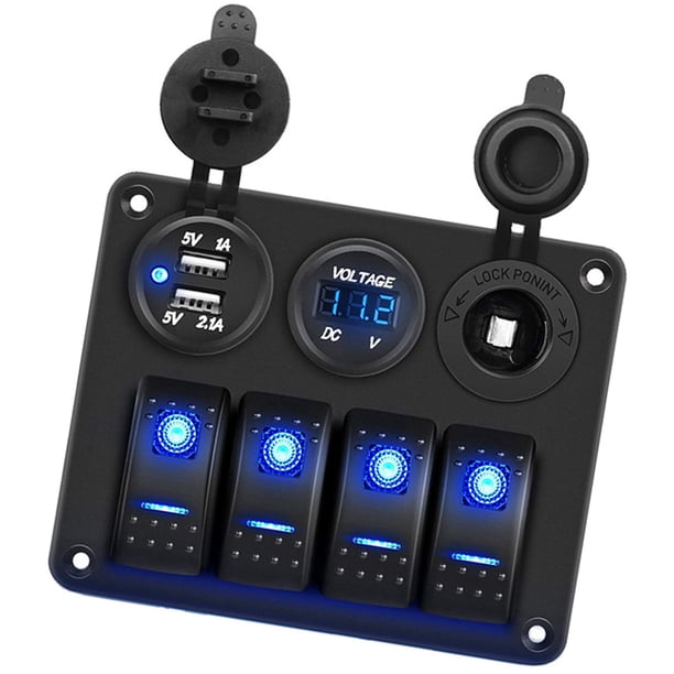 4 Panel de interruptor de Balancín de Pandillas, Caja de Interruptor de Balancín a Prueba de Agua A Prueba de Agua, Voltímetro LED + 2 Cargador USB + Encendedor de Cigarrillos