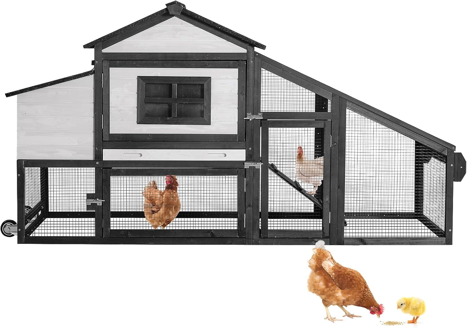 Aivituvin Mobile Chicken Coop with Wheels for 4 Chickens, Backyard Expandable Chicken House Duck Cage with Run, 2 Nesting Boxes, Easy Clean Pull-Out Tray, Weatherproof Roof (Black)