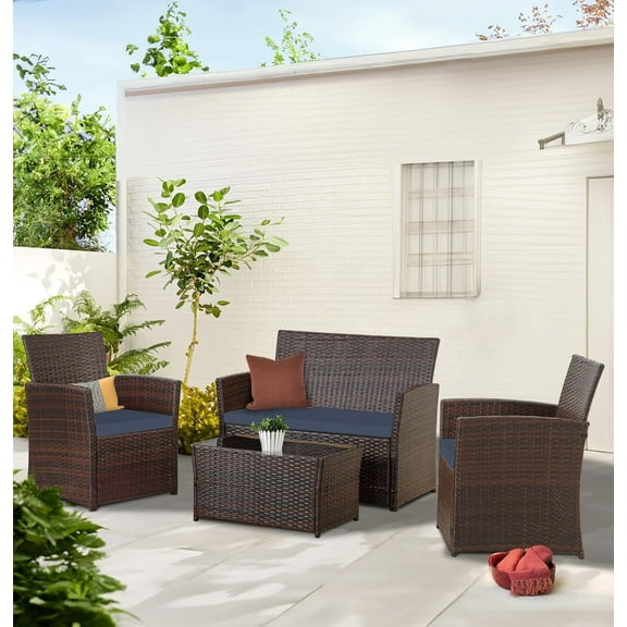 FHFO Patio Outdoor Furniture 4 Pieces Sectional Sofa Set Balcony Furniture Wicker Rattan Chairs with Table and Loveseat for Garden, Porch, Backyard, Brown Wicker/Blue Cushion