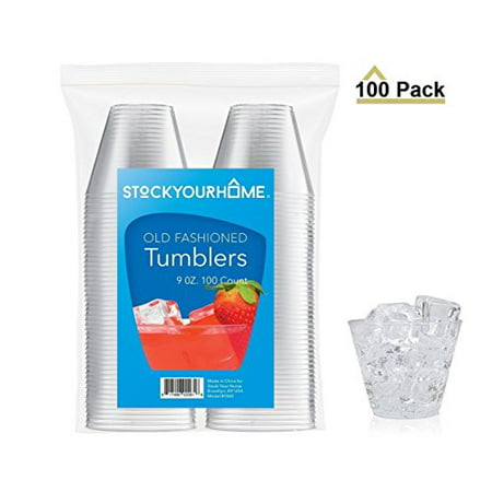 Stock Your Home Plastic Clear 9oz Disposable Party Cups/Old Fashioned Plastic Tumblers 100-Count Reusable Drinking Cups, Dessert Cups, and Appetizer