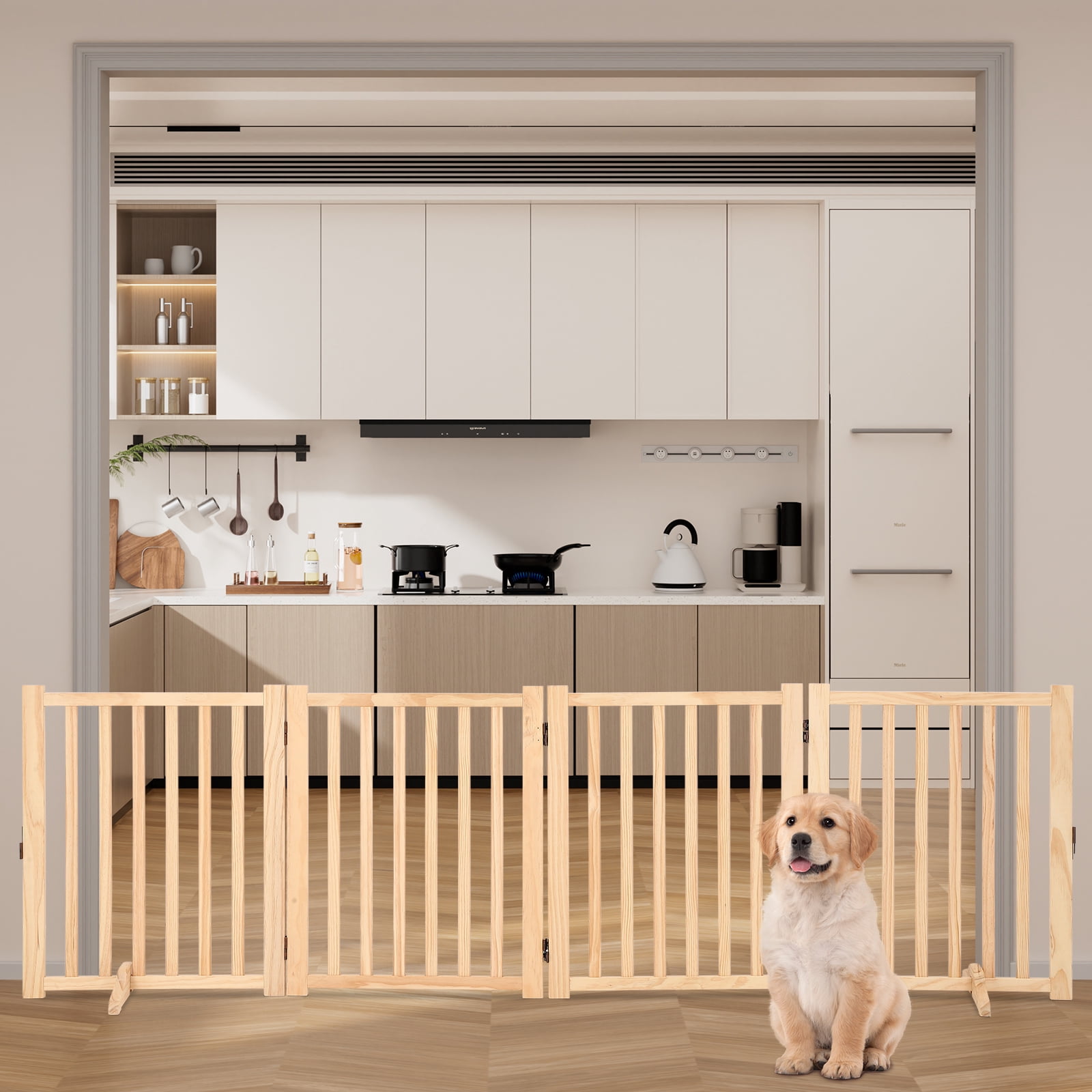 Extra Tall Freestanding Pet Gate Folding Wooden Dog Fence with 2 Support Feet  for Indoor, Stairs, Doorways, Kitchen