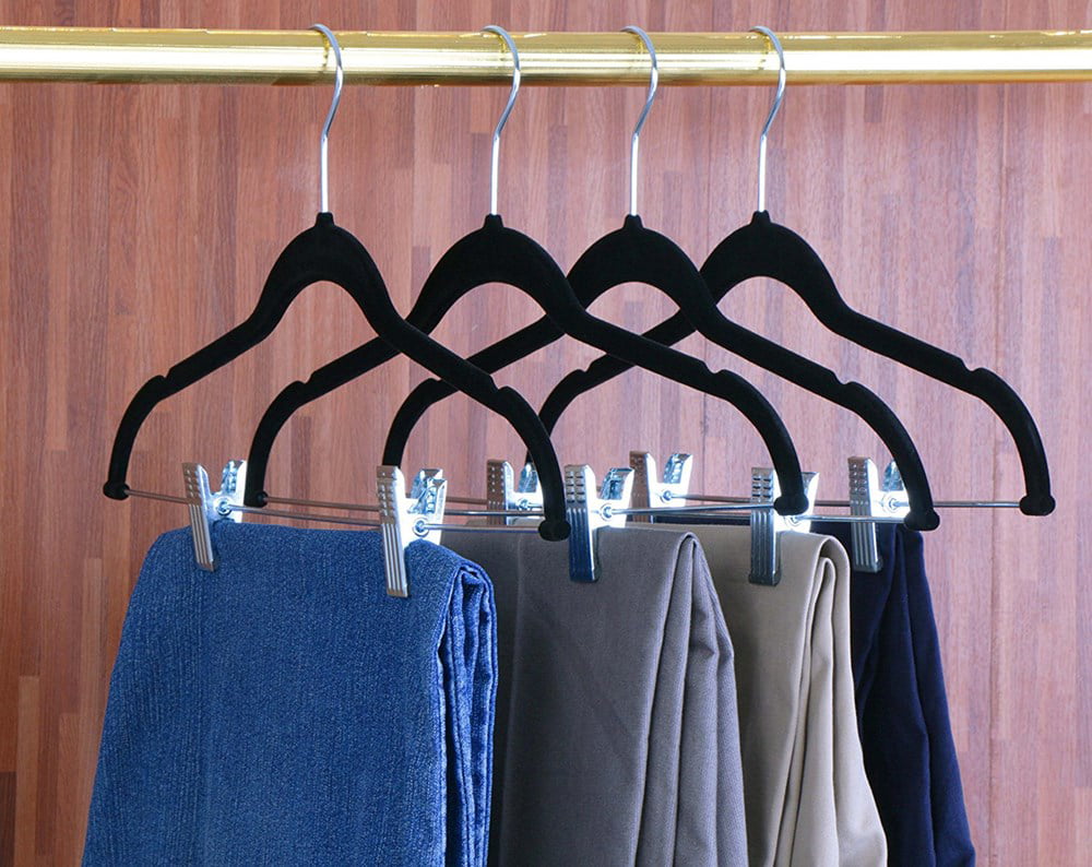 Pack of 24 Black HOUSE DAY Velvet Skirt Hangers Velvet Hangers with Clips Ultra Thin Non Slip Velvet Pants Hangers Space Saving Clothes Hanger