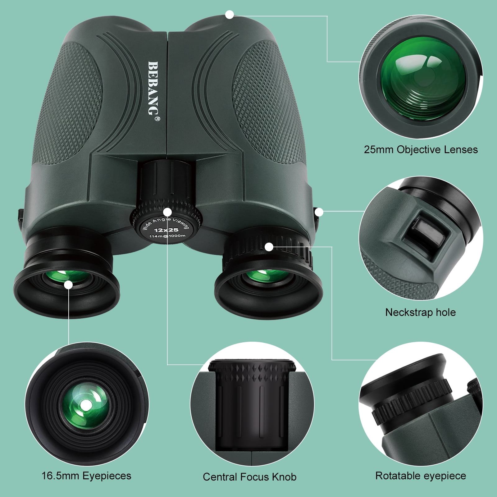 BEBANG 12x25 Binoculars for Kids Adults, BAK4 Lenses Small Binoculars Compact with Low Light Vision, Binoculars for Bird Watching Camping Sports