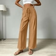 thumbnail image 6 of Linen Wide Leg Pants for Women Elastic Waist Solid Color Palazzo Pants Casual Summer Drawstring Long Pants with Pockets Flowy Beach Vacation Clothes, 6 of 8