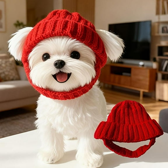 Red Knit Dog Beanie, Soft Warm Winter Hat for Small Dogs & Cats, Stretchy Knitted Pet Ear Warmer for Cold Weather, Holiday & Christmas Pet Costume