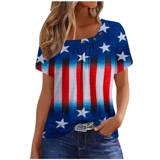Fiudx Ofertas y Liquidaciones Camiseta Plisada con Cuello Estampado de Manga Corta Del Día de La Independencia para Mujer