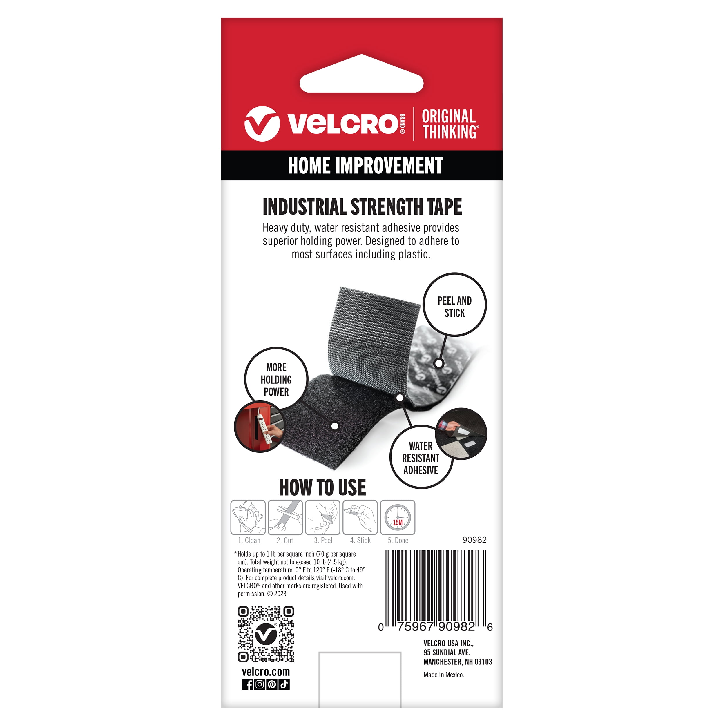 VELCRO Brand Industrial Strength Heavy Duty Tape, Indoor & Outdoor Use, Superior Holding Power on Smooth Surfaces, 5ft x 2in Black Tape