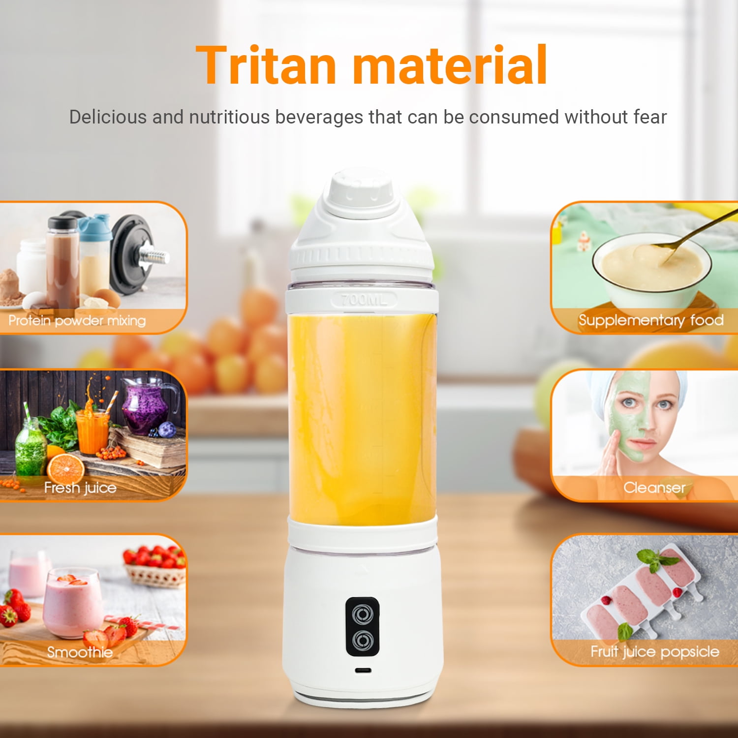 TINANA Portable Blender, 700ml Smoothie Maker, USB Rechargeable, 6