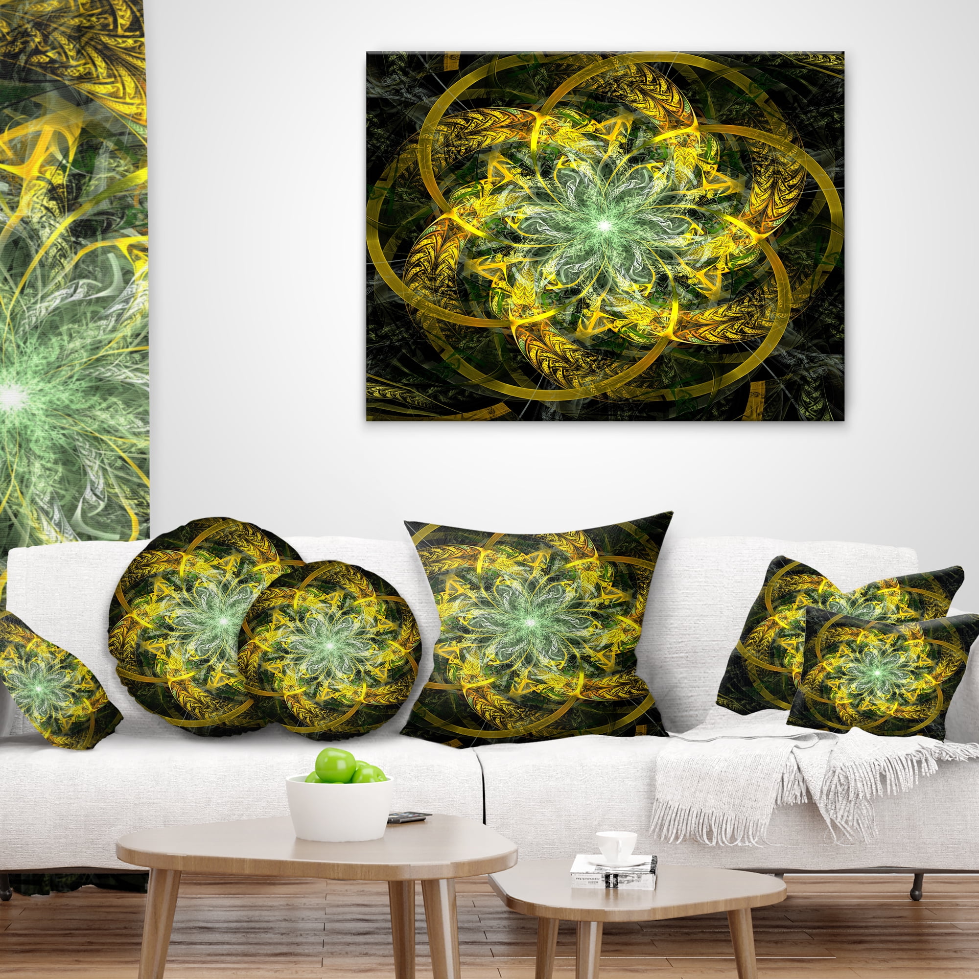 Designart Yellow and Green Fractal Flower - Abstract Throw Pillow - 16x16