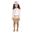 thumbnail image 1 of Hurley Girls' Long Sleeve Rash Guard and Hat 3-Piece Swimsuit Set, Mutli/Mermaid, 2T, 1 of 2