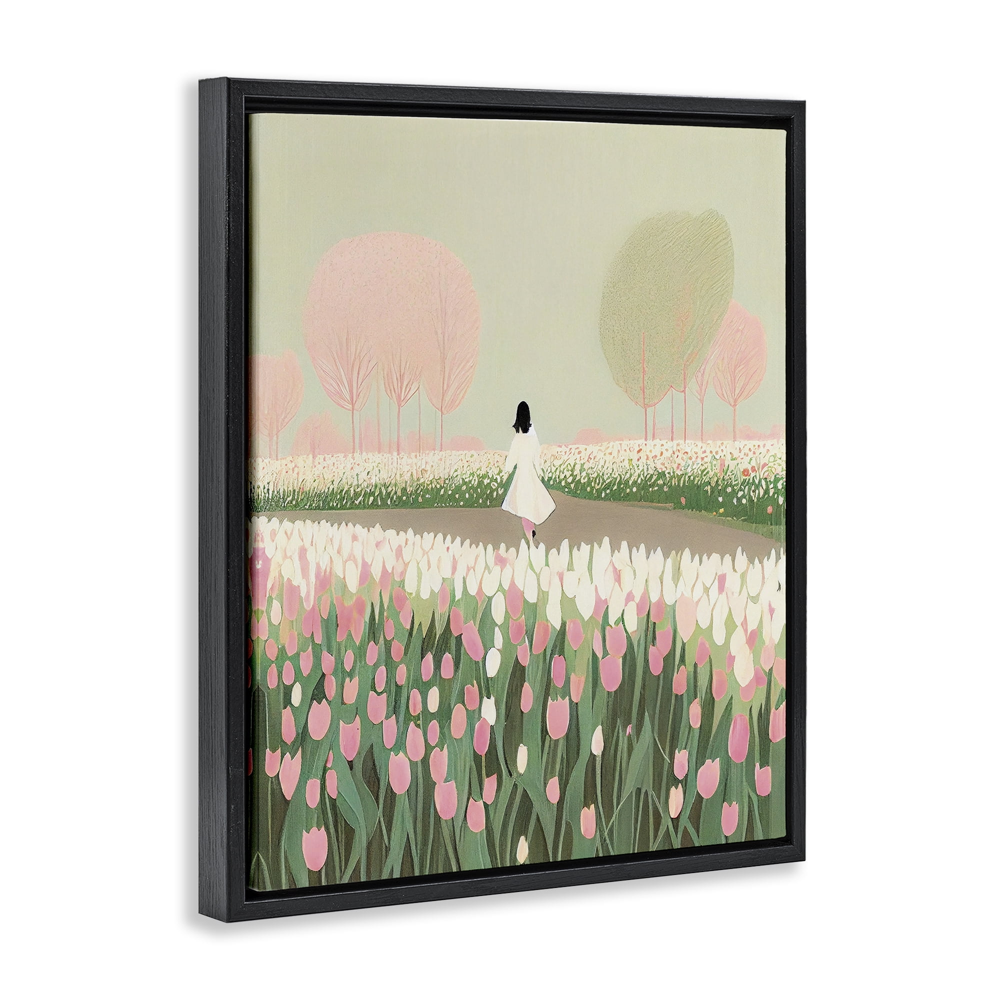 Stupell Industries Walking in Tulip Meadow Landscape Painting Black Floater Framed Art Print Wall Art, 17 x 21