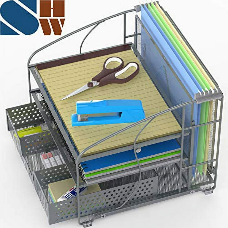 Simple Houseware Desk Organizer 3 Tray w/Sliding Drawer, Hanging File  Holder and Pen Holder Accessory, Black