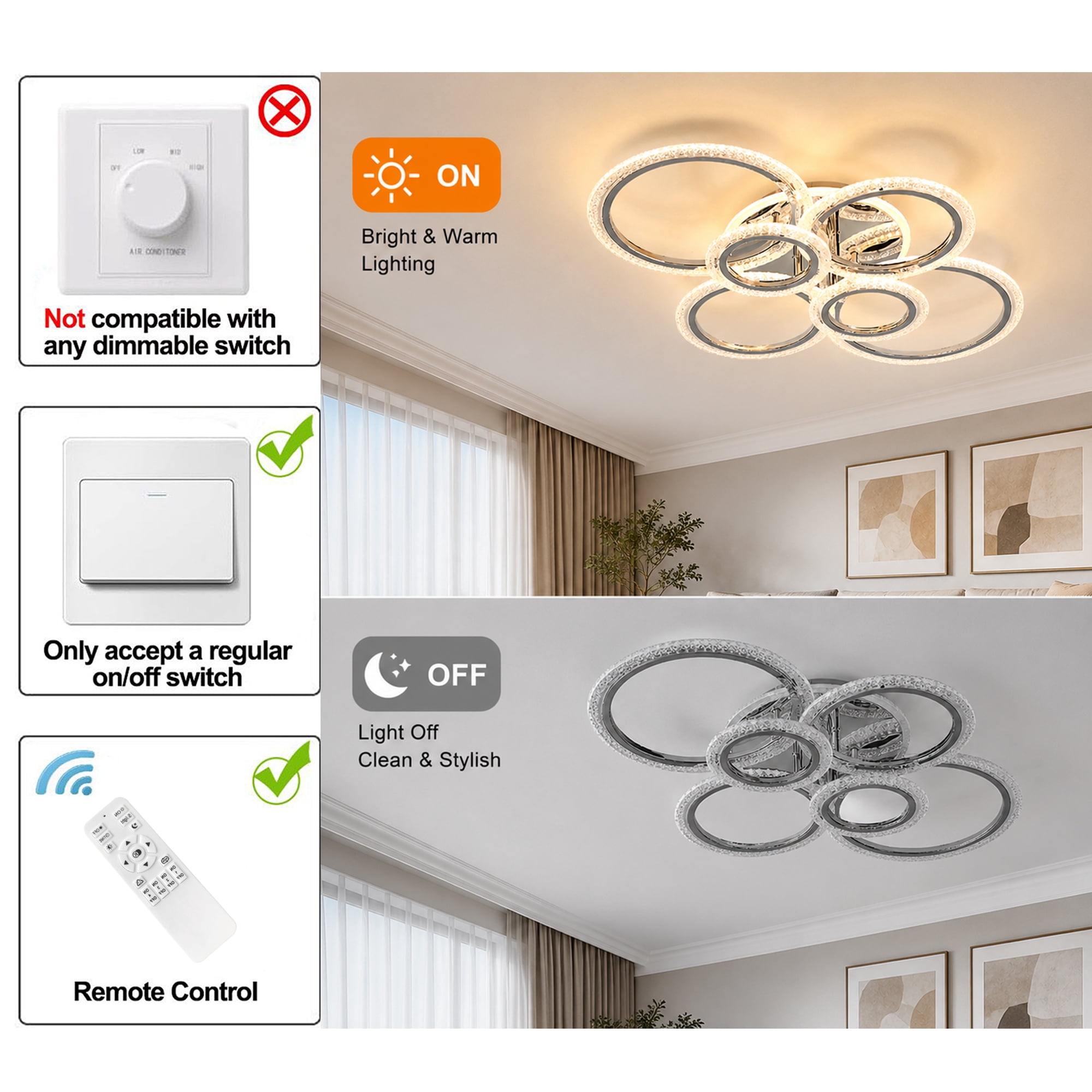 Garwarm Chrome 6-Ring LED Ceiling Light, Modern Dimmable Flush Mount Ceiling Light with Remote, Acrylic Ring Ceiling Lamp Fixture for Living Room, Dining Room, Bedroom