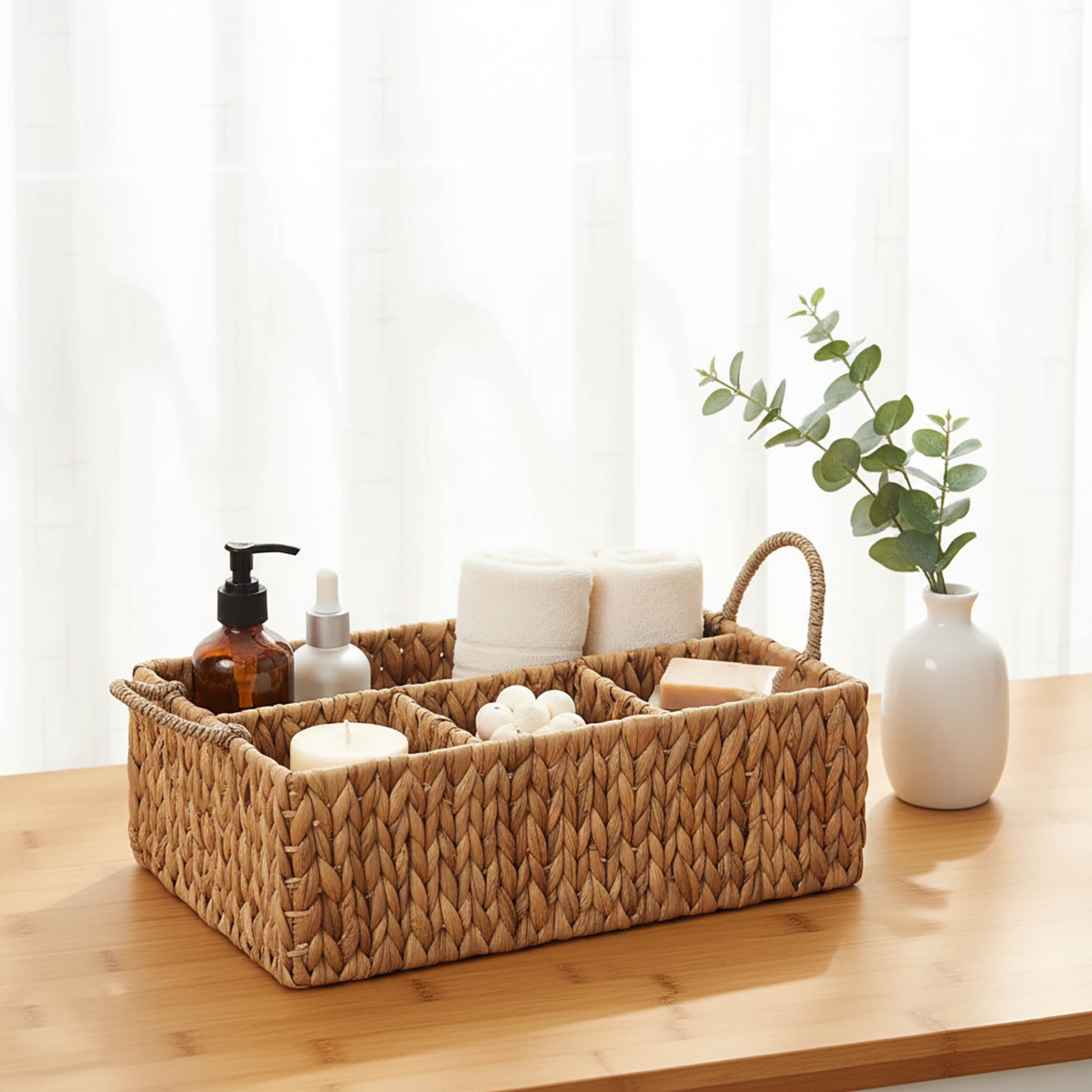 Laquedecraft Wicker 4 Section Rectangular Divided Storage Basket  for Organizing Bathroom Kitchen Shelves