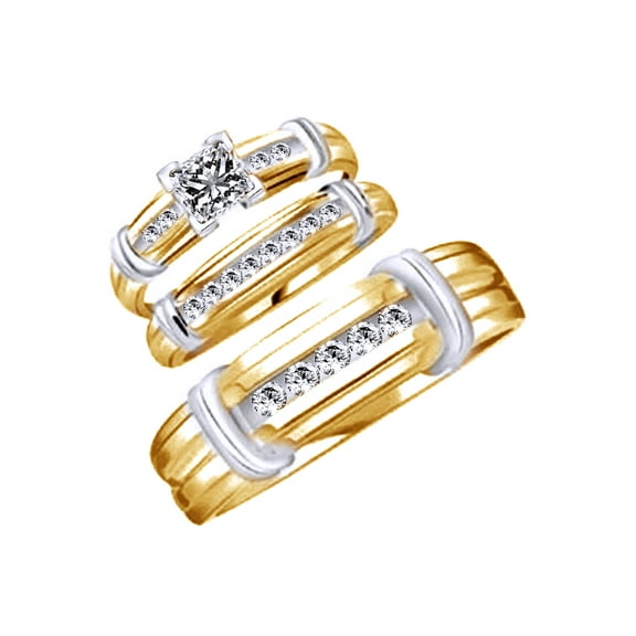 AFFY White Cubic Zirconia Engagement & Wedding Trio Fashion Ring Set In 10k Yellow Gold (0.52 Cttw)