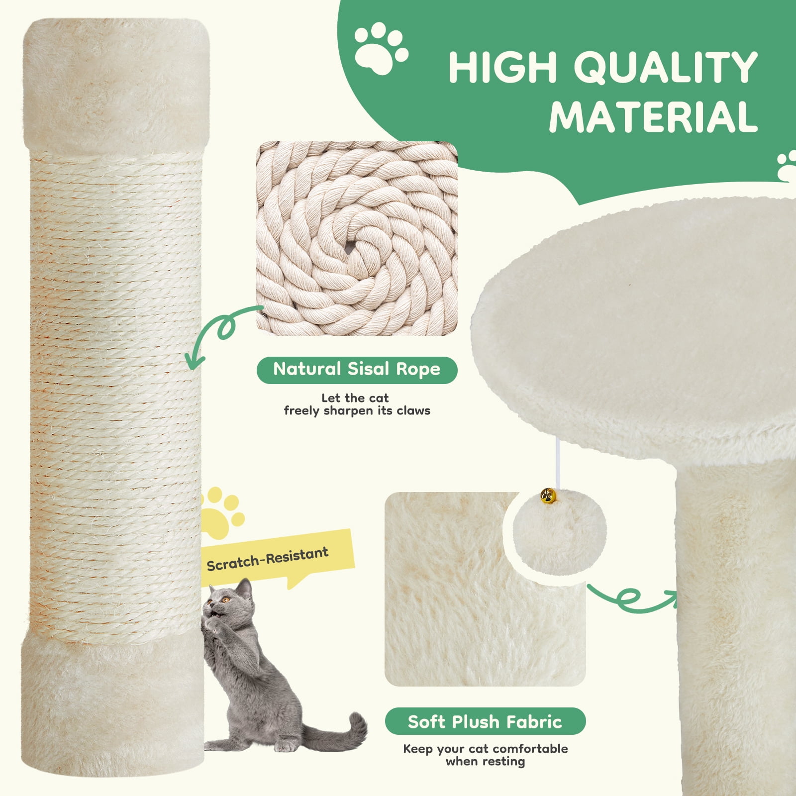 JIOABL 44" Multi-Level Cat Tree Tower with Hammock, Condo, Climbing Plates, Plush Toy, Kitty Playing House, Beige