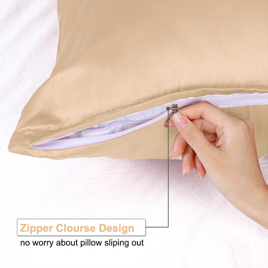 Unique Bargains 6 Pack Satin Pillowcase with Zipper, Queen, Champagne