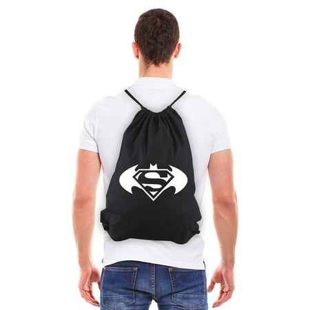 Batman Superman with Round Wings Eco-Friendly Draw String Bag Black &