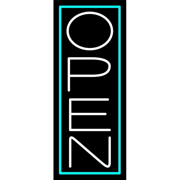 White Open With Aqua Border Vertical LED Neon Sign 24 x 10 - inches, Black Square Cut Acrylic Backing, with Dimmer - Bright and Premium built indoor LED Neon Sign for storefront.
