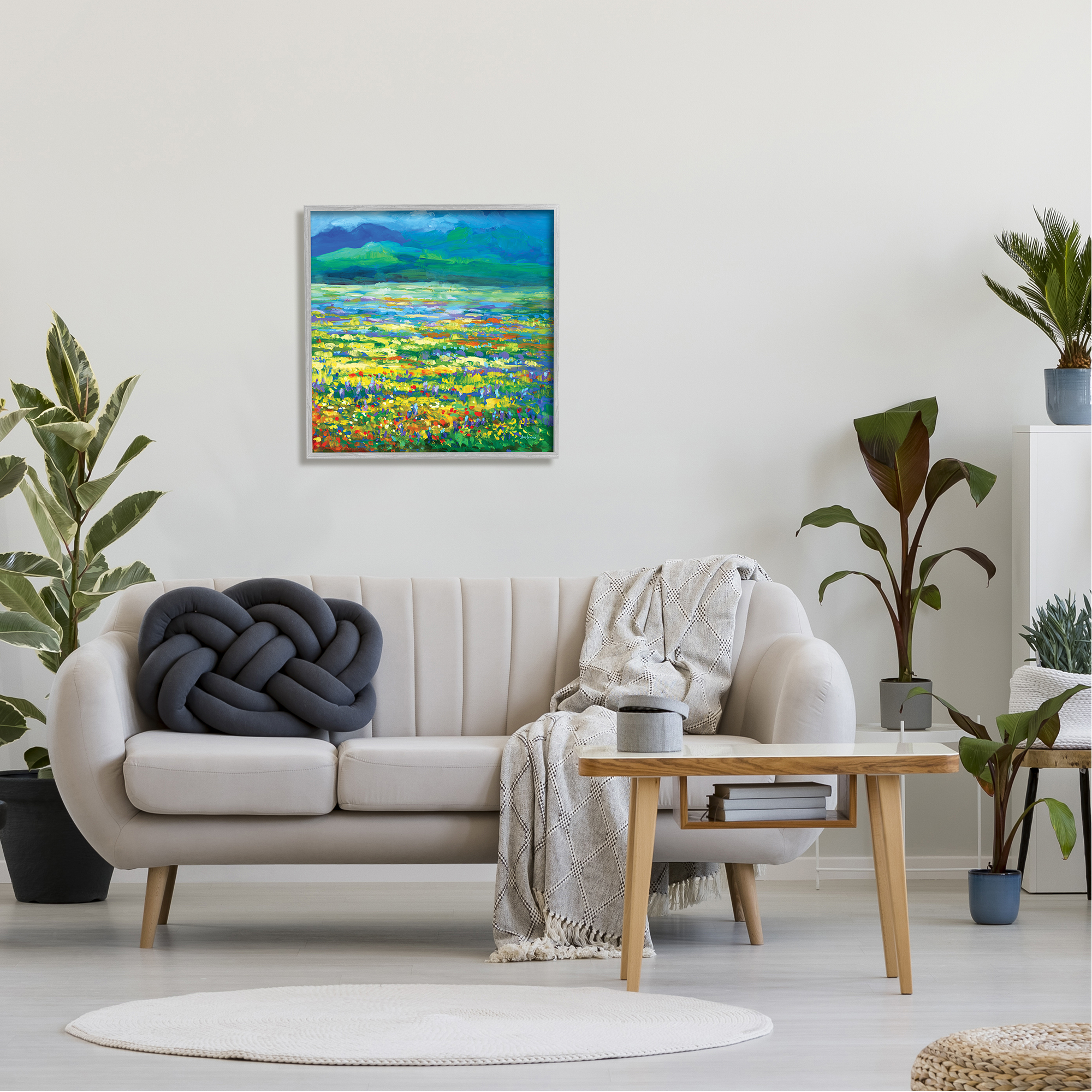 Stupell Industries Meadow of Wildflowers Blue Landscape Painting Gray Framed Art Print Wall Art, 24 x 24