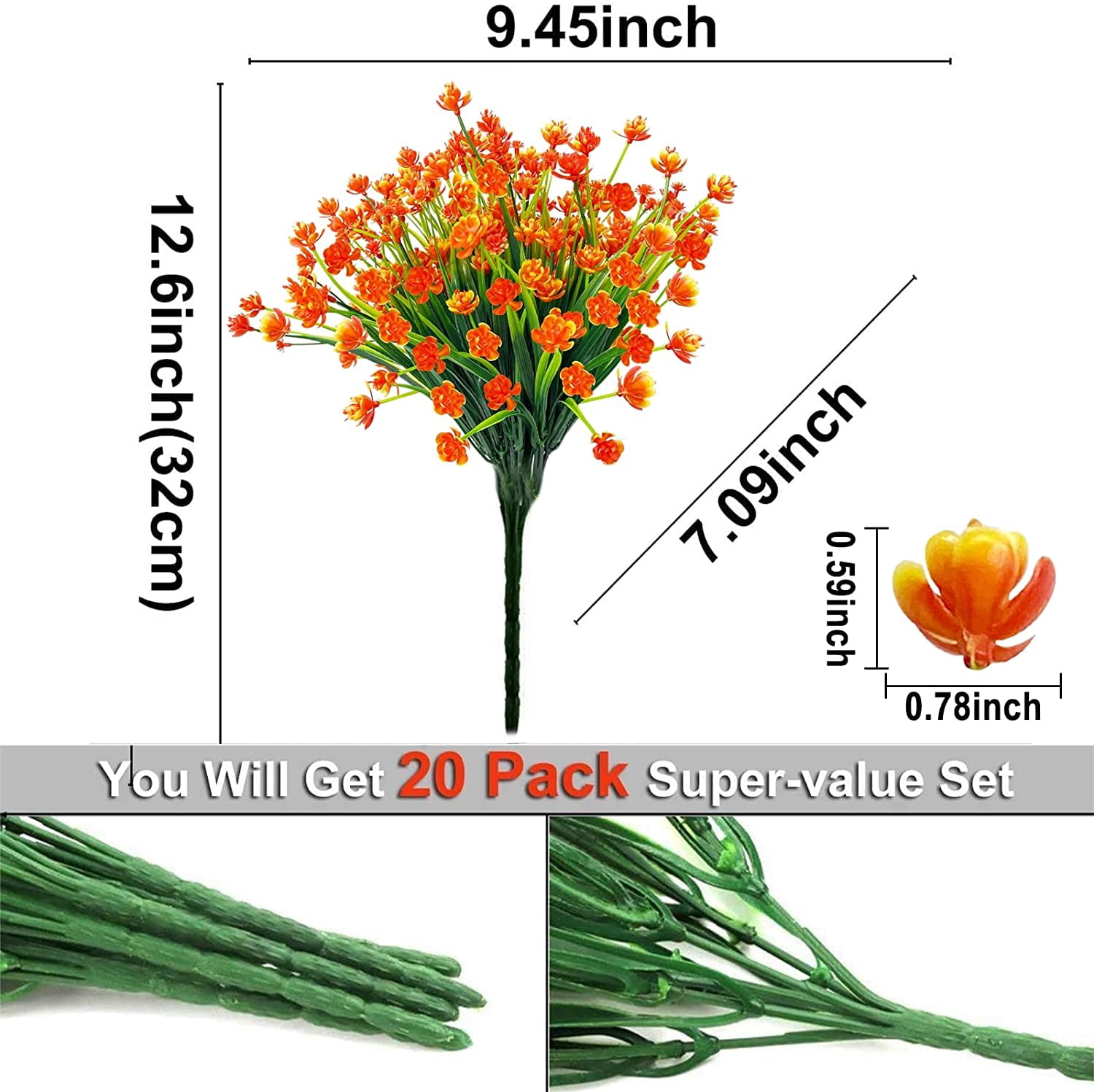 20 Bundles Artificial Flowers for Outdoor Decoration, Fall Decoration UV Resistant Faux Outdoor Plastic Greenery Shrubs Plants Fake Flowers Home Garden Fall Decor(Orange Red)