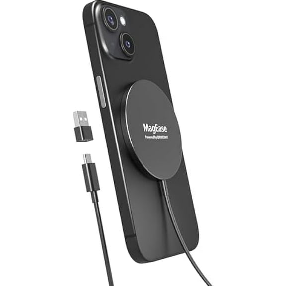 FU1999Magnetic Wireless Charger,MagEase 15W Wireless Charger Magnetic Compatible with iPhone 16 15/14/13/12 Series and AirPods 3/2/Pro, Charging Pad with USB-C Cable and USB-A Converter (Black)