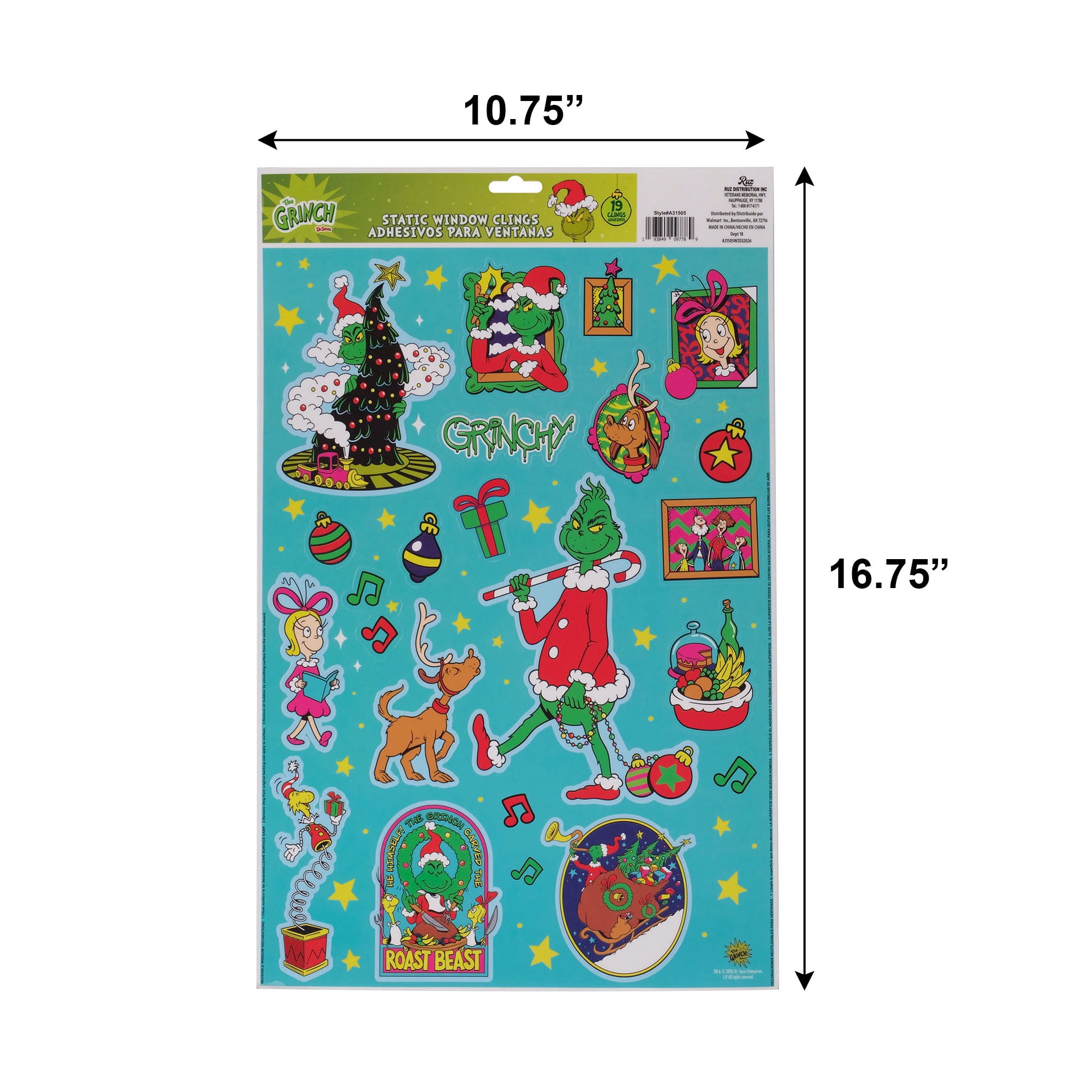 Dr. Seuss The Grinch Christmas Window Clings, 19‑Piece Holiday Static Window Decorations – Grinch, Max & Cindy‑Lou Who