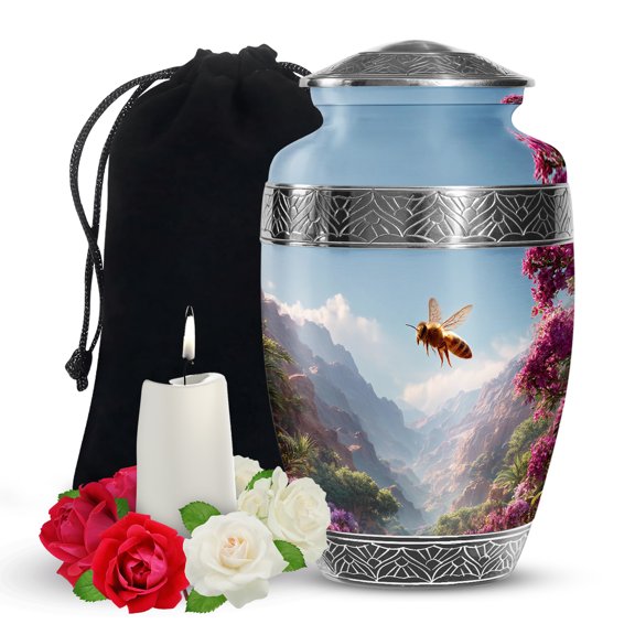 YATSKIA Flying Bee with Flower Large Funeral Urns for Human Ashes Adult Men and Women, Decorative Cremation Urn for Ashes Adult Dad, (200 Cubic, Large 10 Inch)