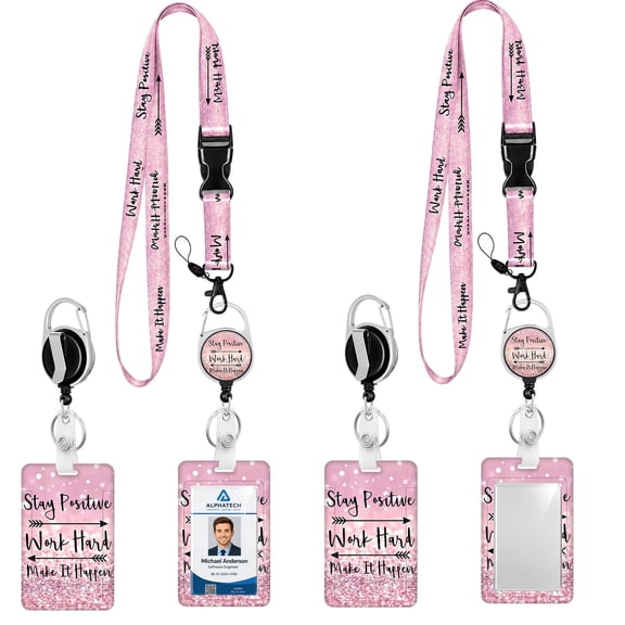BUSATIA 2-Pack Retractable Badge Holder with Lanyard, Badge Reel ID Card Holder with Detachable Neck Strap, Vertical Badge Holder for Nurses Teachers Students Office(Pink)