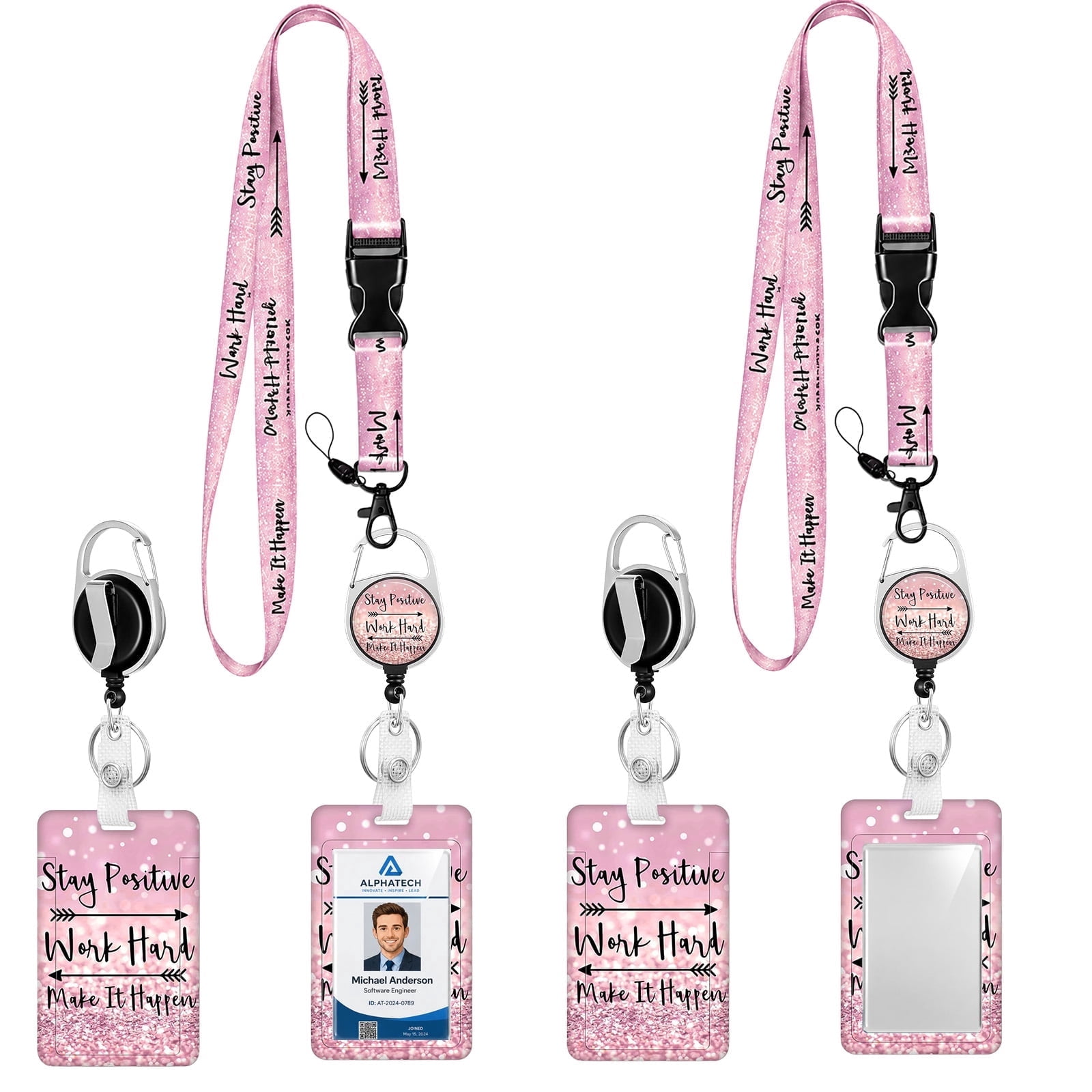 BUSATIA 2-Pack Retractable Badge Holder with Lanyard, Badge Reel ID Card Holder with Detachable Neck Strap, Vertical Badge Holder for Nurses Teachers Students Office(Pink)