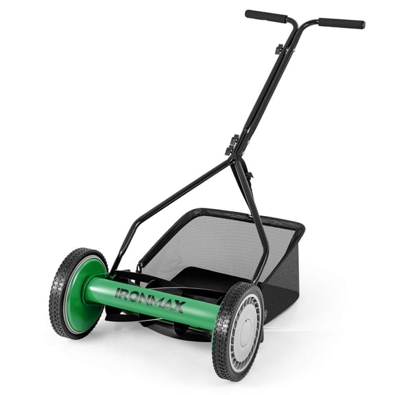 Ironmax 14" Manual Reel Mower with 5-Blade 6.6 Gallon Removable Grass Catcher for Garden Green   Black