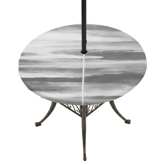 Round Outdoor Tablecloth with Umbrella Hole and Zipper, Gray White Fitted Table Cover with Elastic Edge for 55-60 Inch, Vintage Country Abstract Gradient Mottled Waterproof Patio Tablecoths