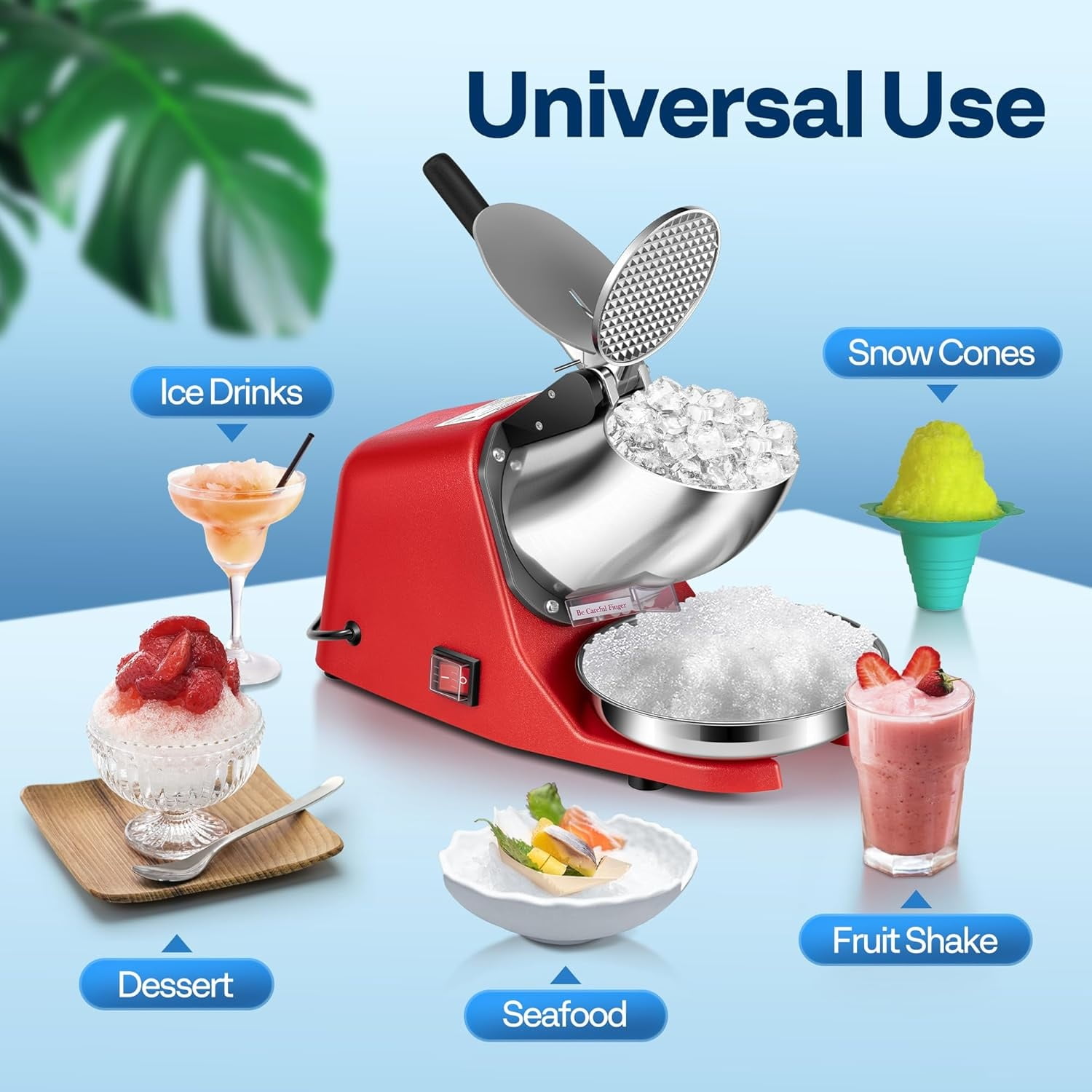 Electric Ice Shaver Crusher Machine Snow Cone Maker Red 143lbs/hr with Ice Pick for Home and Commercial Use