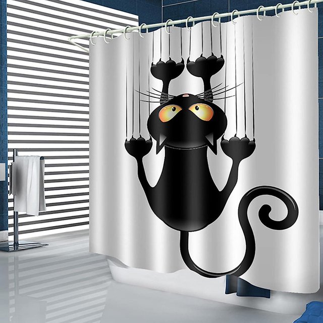 Cortina de ducha CHAO de bricolaje con patrón de Gato humorístico negro 150 * 180 cm con ganchos
