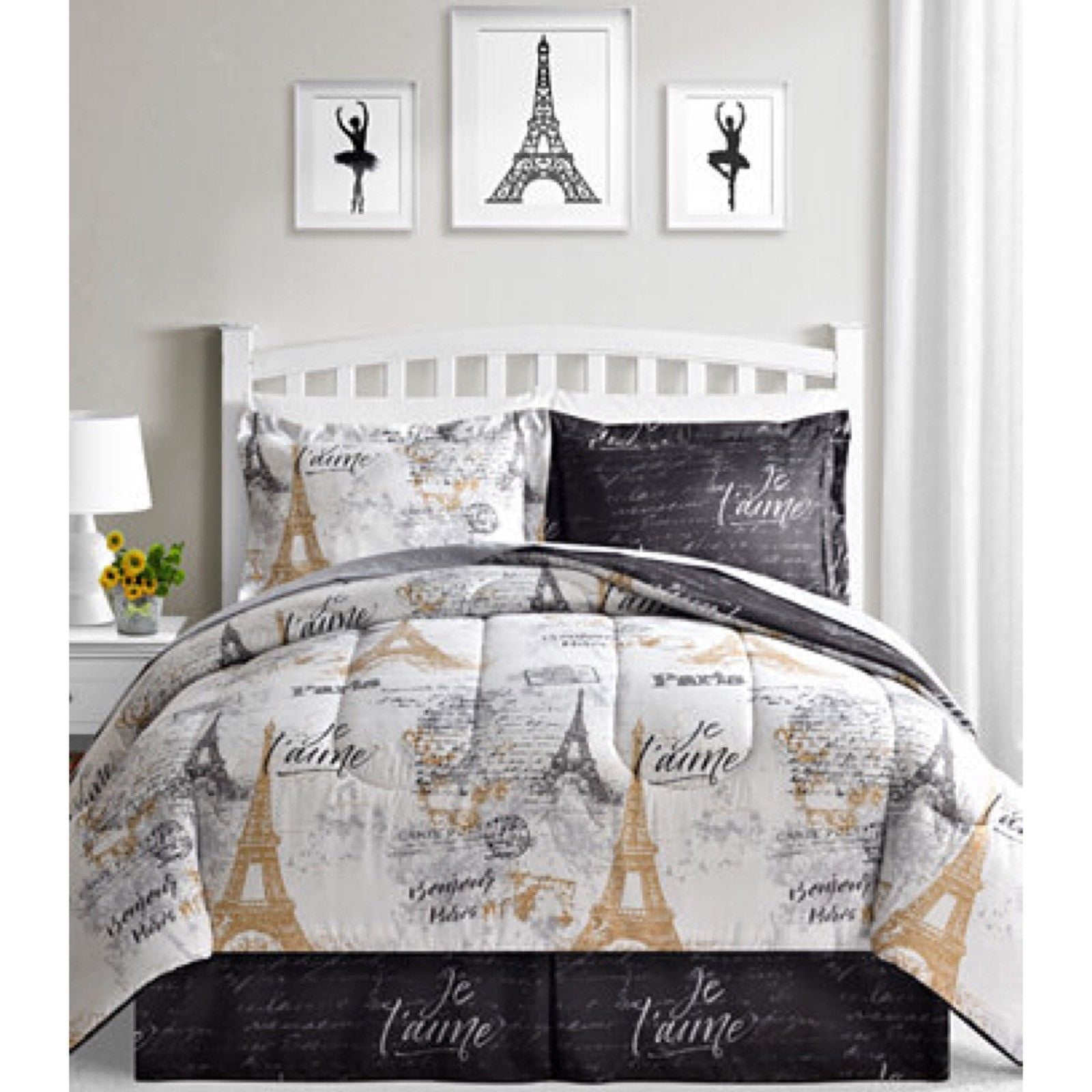 or King Paris Quilt Set with Curtains Eiffel Tower Black and White Twin Queen 