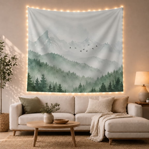 Misty Forest and Snow-Dusted Mountain Peaks, Serene Watercolor for Nature Lovers, Ethereal Landscape Art, Birthday Gift, Tapestry Wall Hanging for Bedroom and Living Room