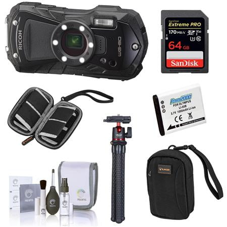 WG-80 Waterproof Digital Camera, Black, Bundle with 64GB SD Memory Card, Extra Battery, Flexible Mini Tripod, Camera Case, SD Card Case, Cleaning Kit