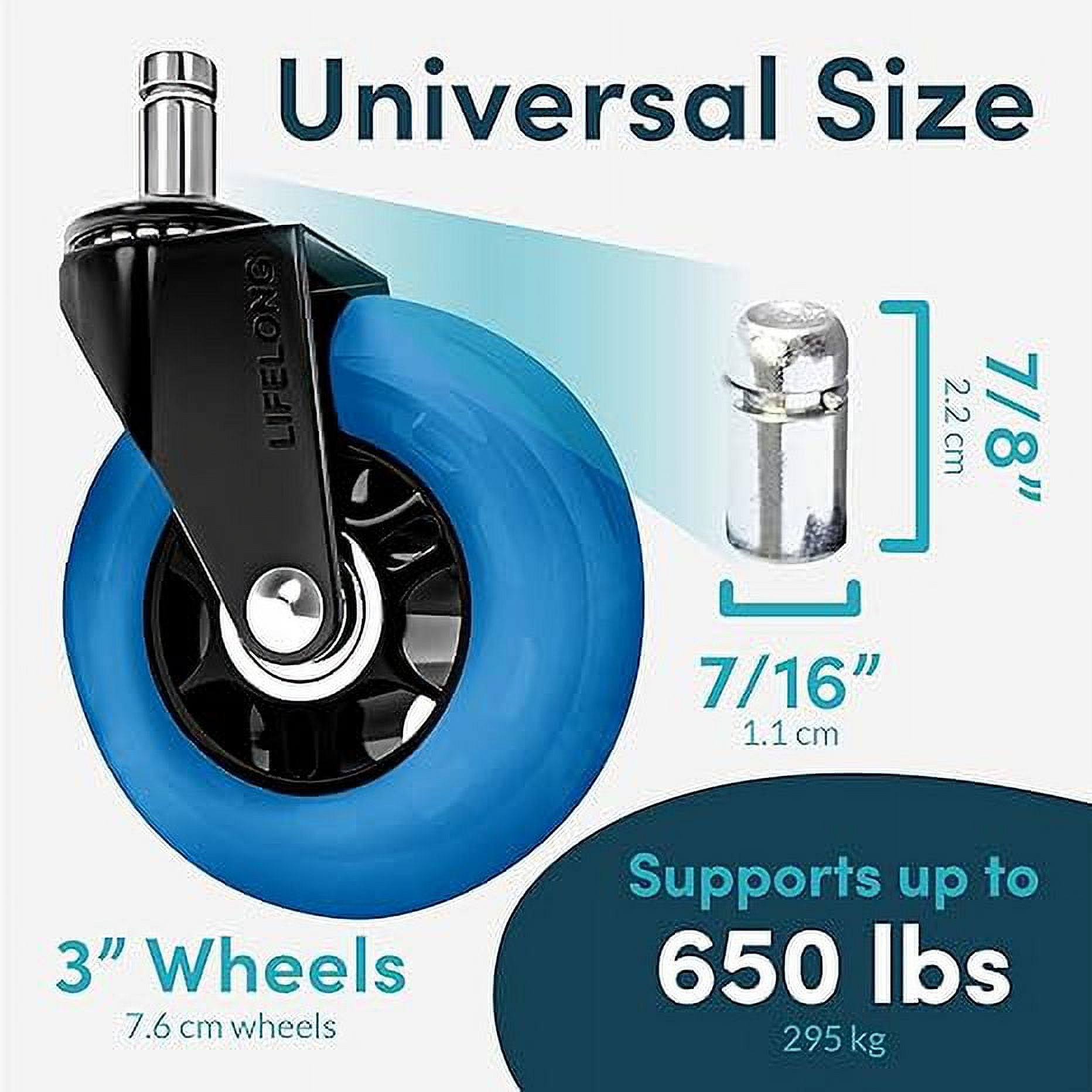 Lifelong Office Chair Replacement Caster Wheels, 7/16" x 7/8" Stem, Industrial Steel and PU, Rollerblade Design, Smooth Rolling for Wood and Tile Floors, Set of 5