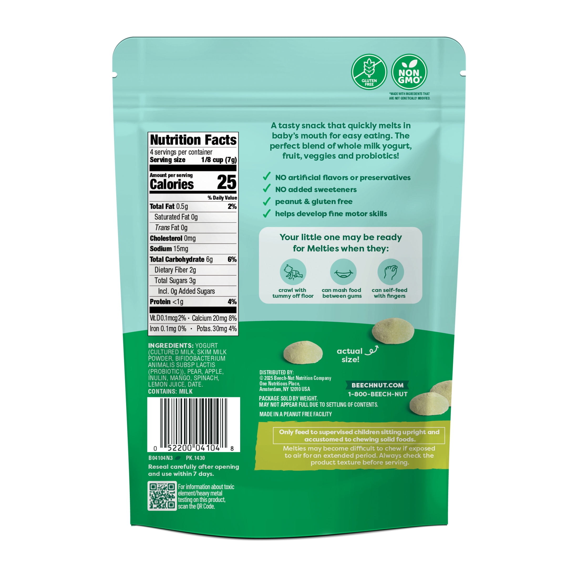 (6 pack) Beech-Nut Probiotic Melties Pear Mango Spinach Yogurt Melts Baby & Toddler Snack, 1 oz Bag