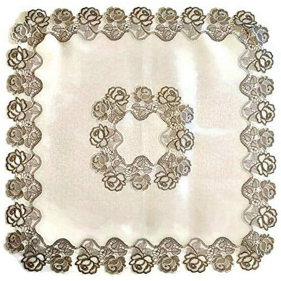 Doily Boutique Tablecloth or Table Topper Square with Cocoa and Antique White Lace and Fabric, Size 34 inches