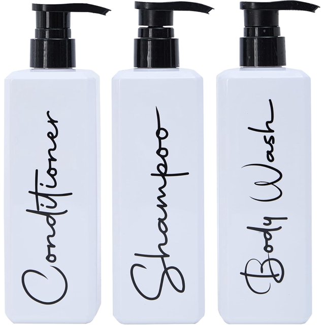 TwoP Brands 16oz Shampoo and Conditioner Dispenser - Printed Soap Dispenser Set with Pump - Body Wash, Shampoo, and Conditioner Bottle for Shower Wall - Set of 3 Refillable Shampoo Bottles