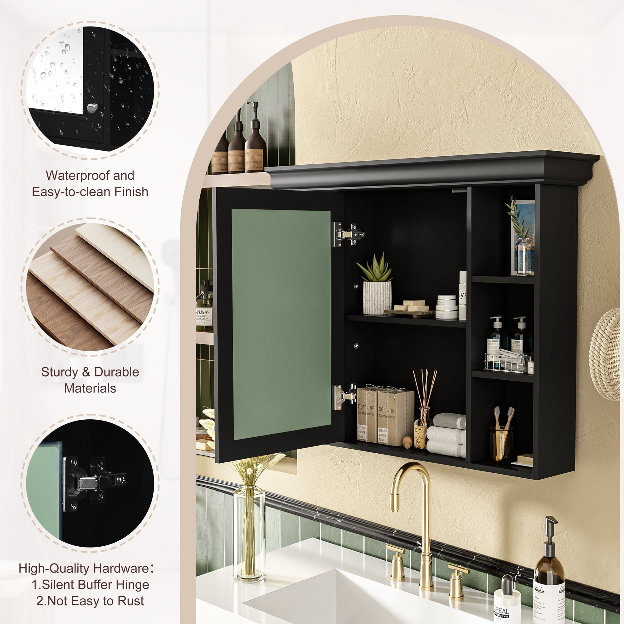 Euroco Wall Mounted Bathroom Storage Cabinet, 35'' x 28'', Black