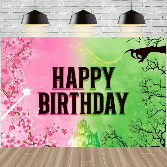 Pink and Green Birthday Backdrop Party Decorations, Witch Themed Happy Birthday Backdrop Banner Photo Booth for Party Supplies Decorations