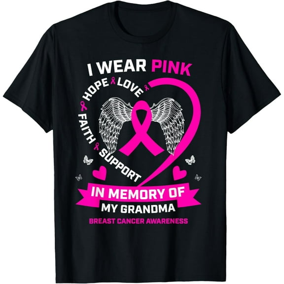 I Wear Pink In Memory Of My Grandma Breast Cancer Awareness T-ShirtMen and women, Black T-shirt, size: Extra large