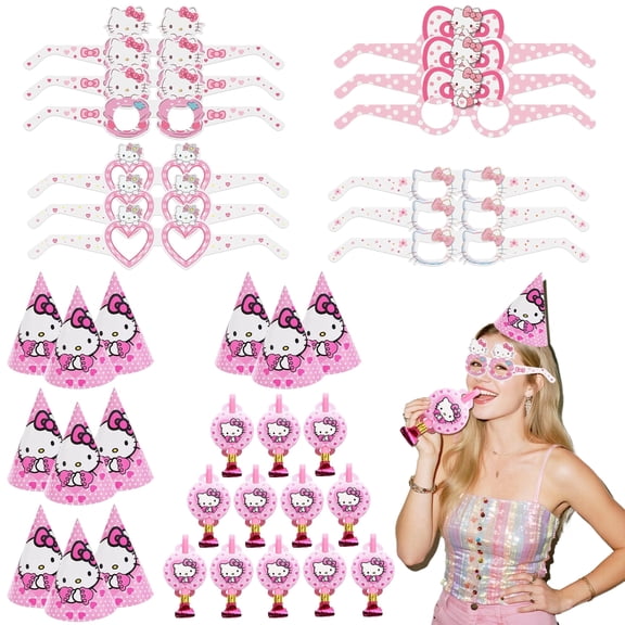 Hello Kitty Party Supplies Set, 36pcs Cute Kitty Birthday Decorations Set - Kitty Birthday Hats, Pink Blowers & Kitty Paper Glasses for Kids Theme Party Favors