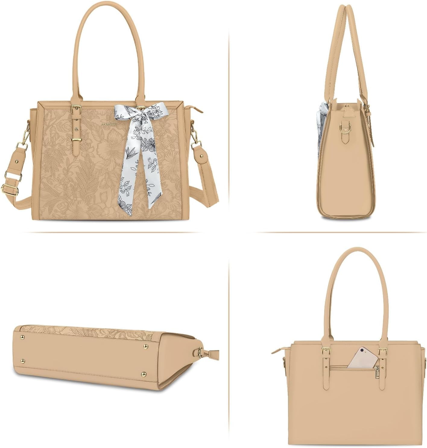 Mosiso Laptop Tote Bag for Women, 15.6-16 inch Waterproof PU Leather Travel Work Office Shoulder Messenger Handbag for MacBook Air Pro HP Dell Asus Acer Computer Satchel Bags, Apricot