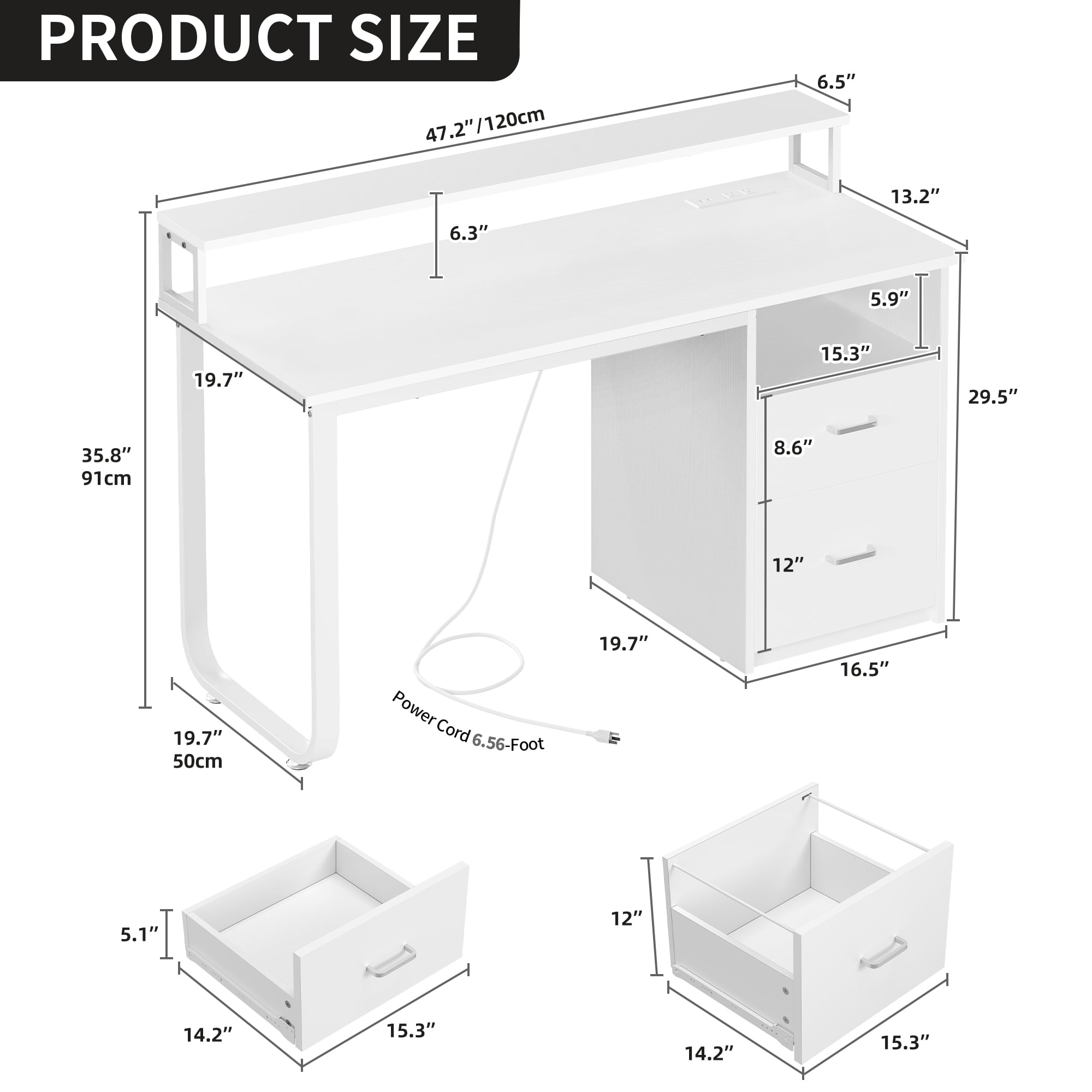 Uforic 47" Computer Desk with Drawers, Home Office Desk with LED Lights& Power Outlet, White