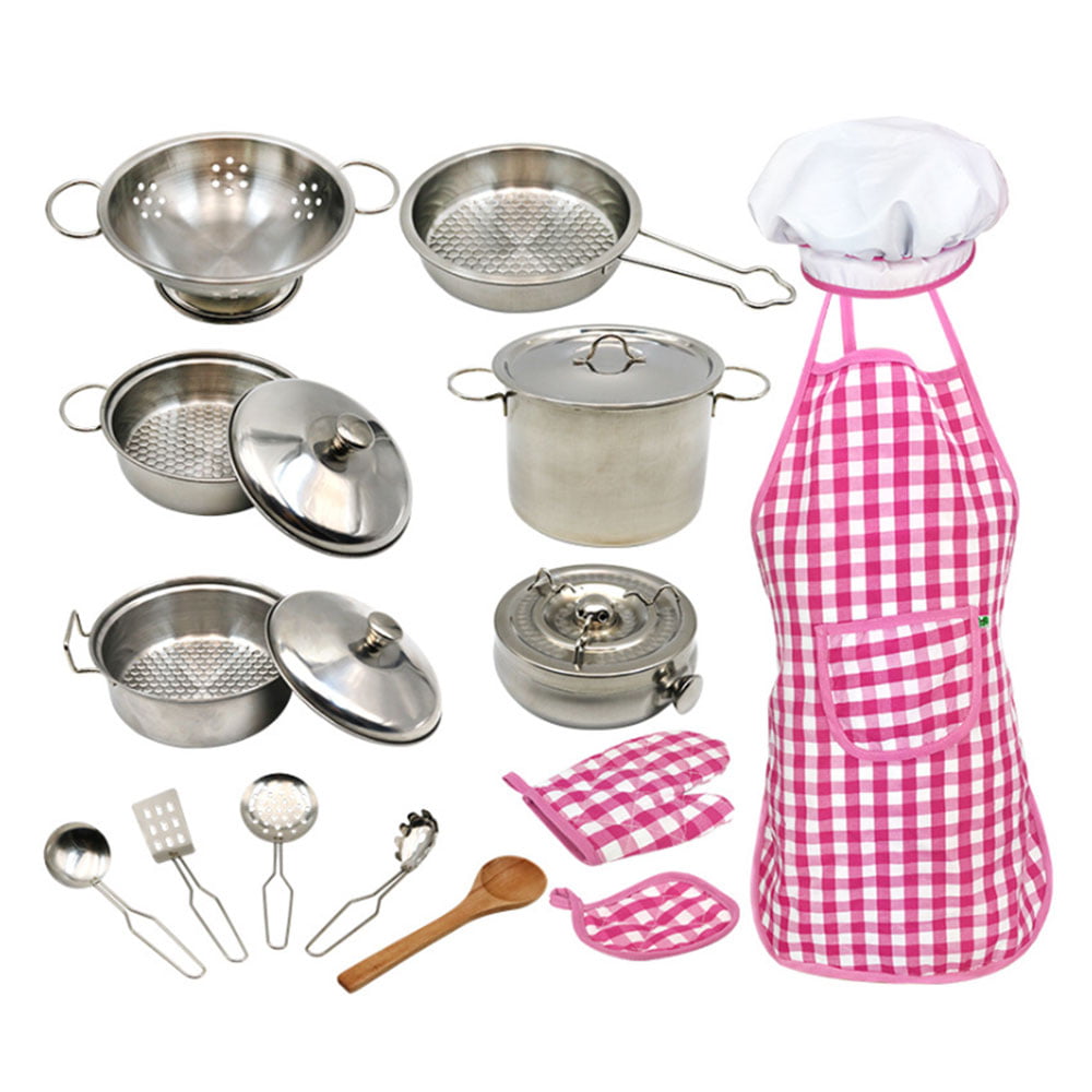 18Pcs Pretend Play Stainless Steel Stove Bowl Dish Real Cooking Tool Set Toy 